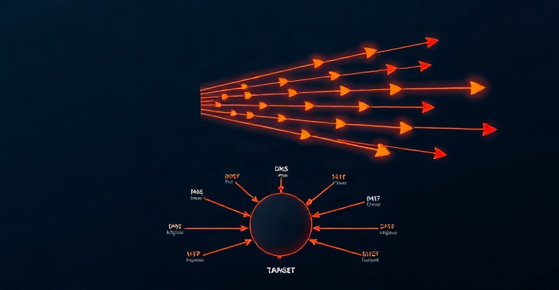 Amplification diagram: spoofed UDP requests to DNS NTP and Memcached reflectors generate large response traffic converging on the target