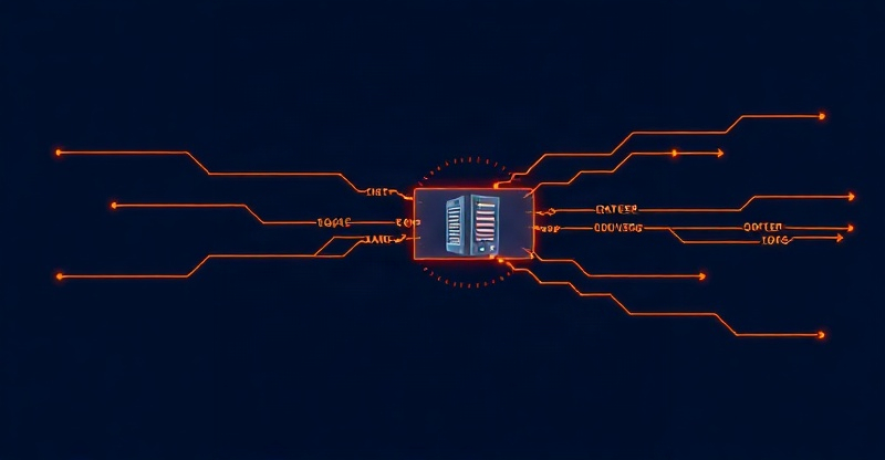 Server node with circuit lines representing IP stresser traffic flowing in multiple directions toward a target